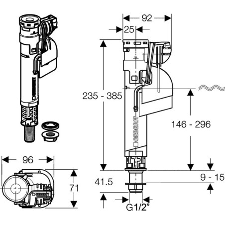 Apatinio pajungimo WC pripildymo mechanizmas GUSTAVSBERG, sriegis 1/2''
