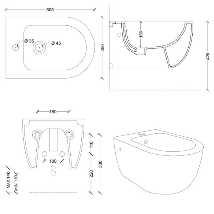 Suspended bidet ALICE CERAMICA Unica 50 x 35 cm