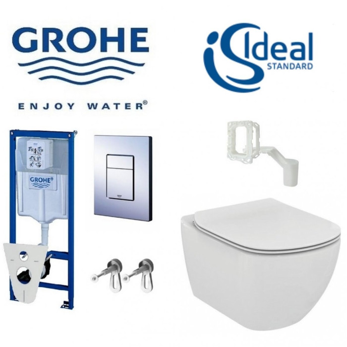 Pre-wall toilet frame GROHE Rapid SL 5 in 1 + suspended toilet IDEAL STANDARD Tesi Aquablade with Slim cover