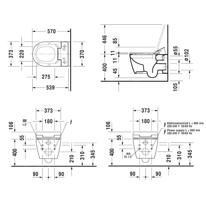 Apturēta ierīce ar bidē funkciju DURAVIT WC ME by Starck Rimless SensoWash, Durafix, ar Slim SC vāku, balta