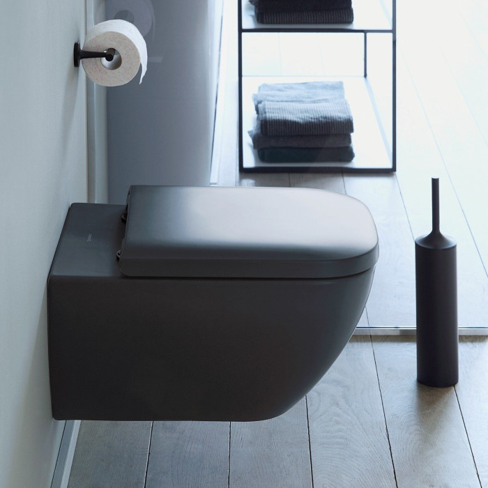 Pakabinamas unitazas DURAVIT Happy D.2 Rimless su Soft close dangčiu, plunksna Anthracito