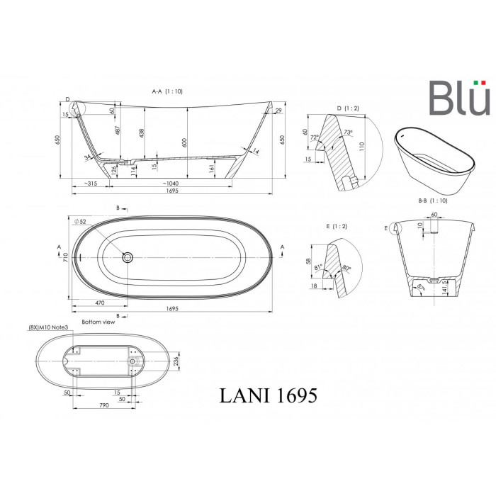 Akmens vanna BLU Lani 710 x 1695 mm