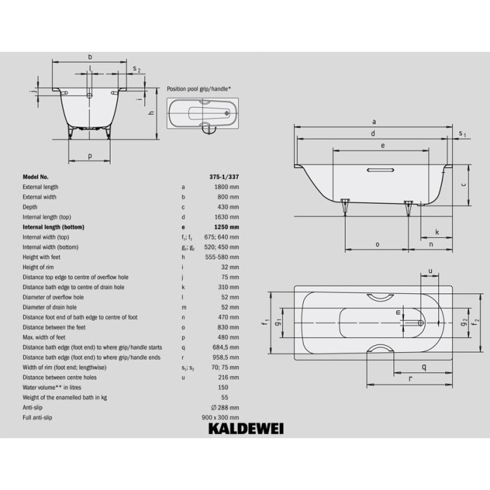 Стальная ванна KALDEWEI Saniform Plus 800 x 1800 мм, белая