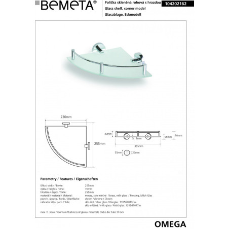 Corner glass shelf with curbs BEMETA Omega