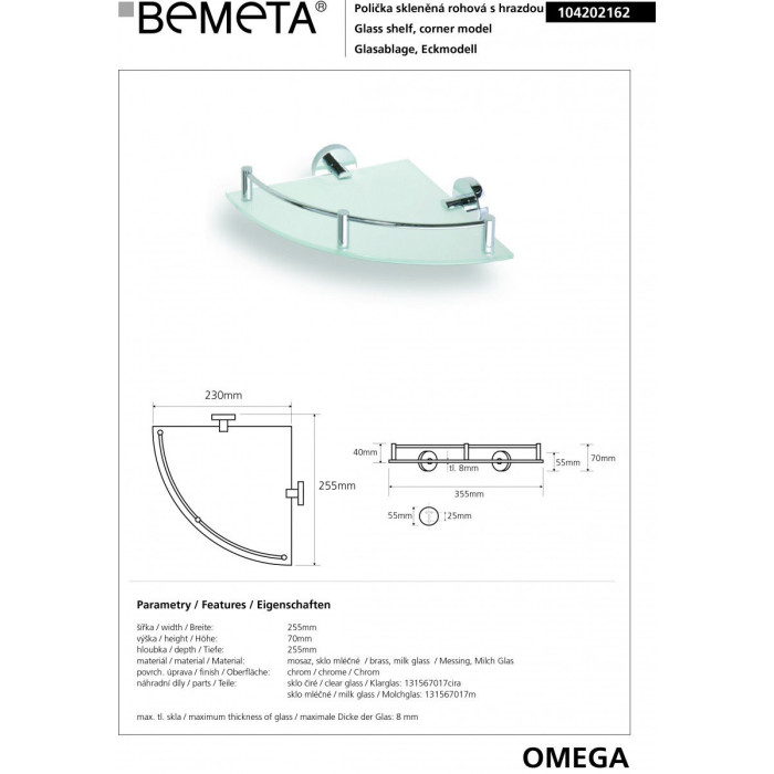 Corner glass shelf with curbs BEMETA Omega