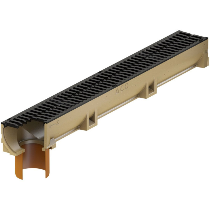 Gutter with built-in PVC pipe DN100 from ductile iron grill ACO Euroline 1000