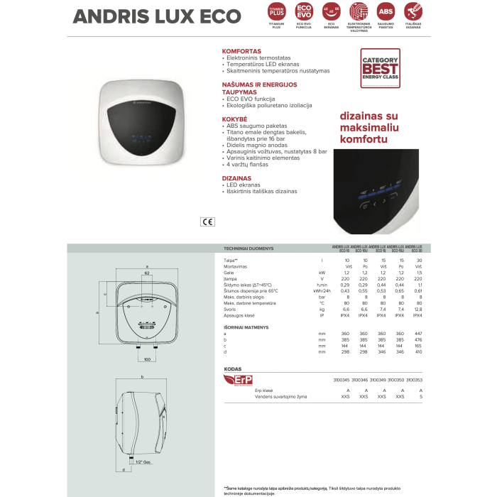 Ariston Andris Lux Eco elektriskais ūdens sildītājs 15/5, virs izlietnes