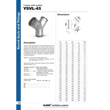 Ventilācijas tee Y formas ALNOR 160 / 45°