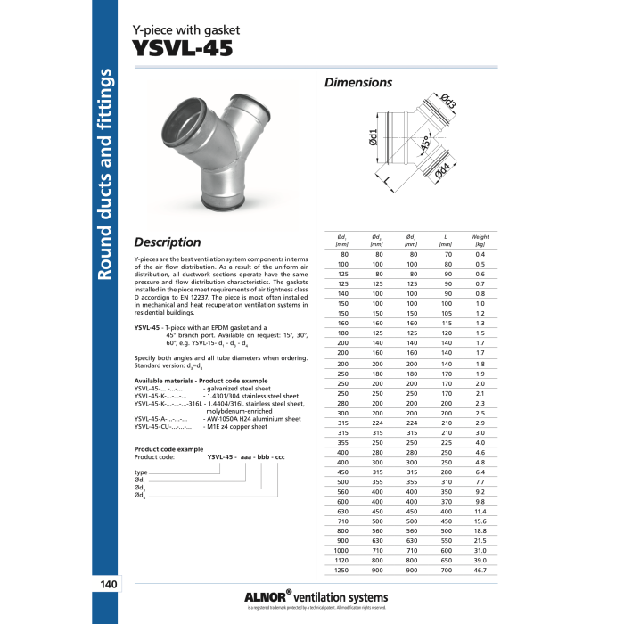 Ventilatsioonitee Y-kujuline ALNOR 160 / 45°