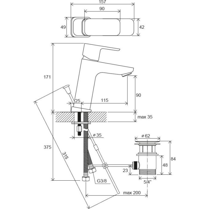 Washbasin faucet with bottom valve RAVAK 10° 90 mm Free