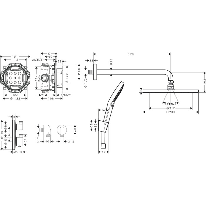 Pre-wall thermostatic shower 4 in 1 set HANSGROHE Croma 280, 27961670