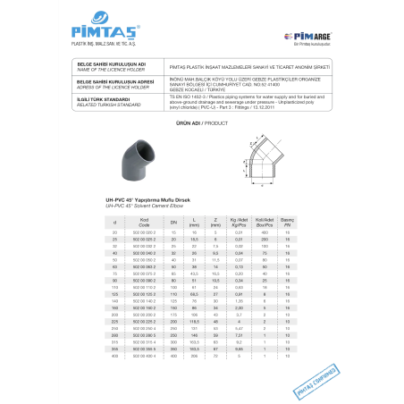 Elkonis PVC-U PİMTAS 110 x 45° (PN16)