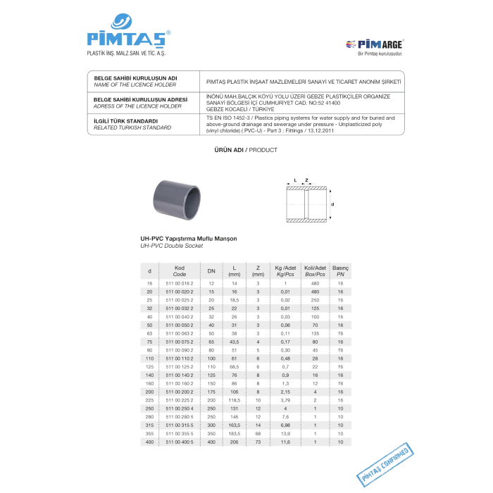 Двойная муфта PVC-U PİMTAŞ 40 (PN16)