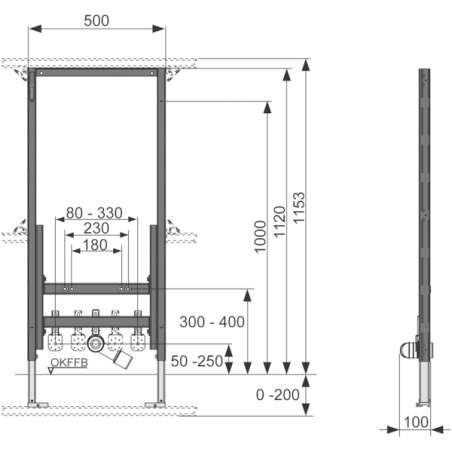 Universālais bidē rāmis (TECEprofil) 1120 mm pirms sienas ar stiprinājumiem