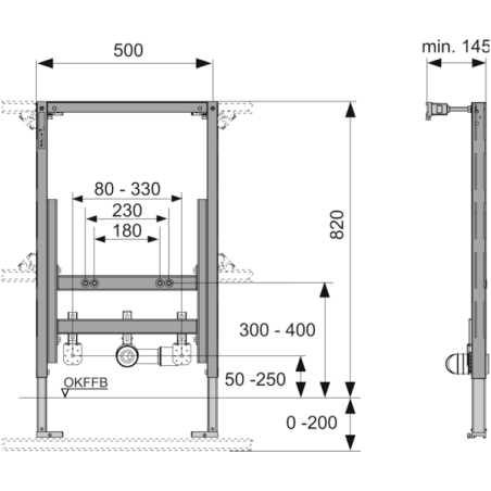 Universālais bidē rāmis (TECEprofil) 820 mm pirms sienas ar stiprinājumiem