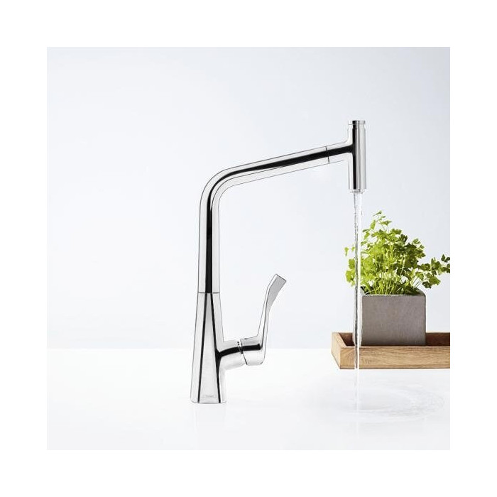 Virtuvė (plautuvės) maišytuvas su ištraukiamu snapu HANSGROHE Metris Select 320, chromo plunksnos, 73803000