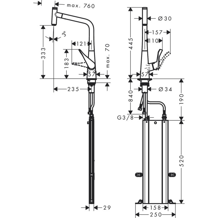 Virtuves (izlietnes) jaucējkrāns ar ievelkamu knābi HANSGROHE Metris Select 320, hroma spalvas, 73803000