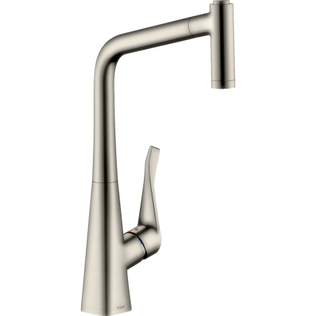 Virtuves (izlietnes) jaucējkrāns ar ievelkamu knābi HANSGROHE Metris Select 320, nerūsējošā tērauda spalvas, 14820800