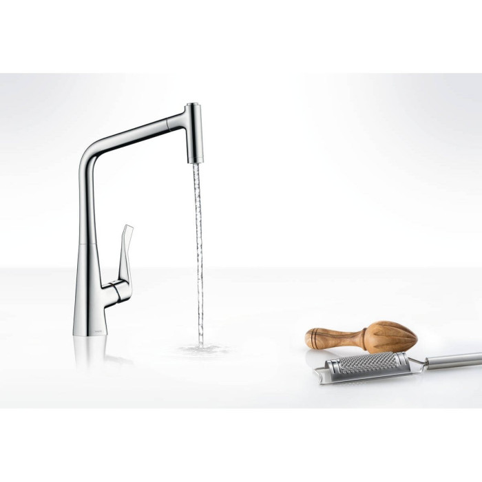 Virtuves (izlietnes) jaucējkrāns ar ievelkamu knābi HANSGROHE Metris Select 320, nerūsējošā tērauda spalvas, 14820800