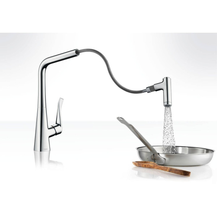 Köök (valamud) segisti sissetõmmatava nokaga HANSGROHE Metris Select 320, roostevabast terasest suled, 14820800