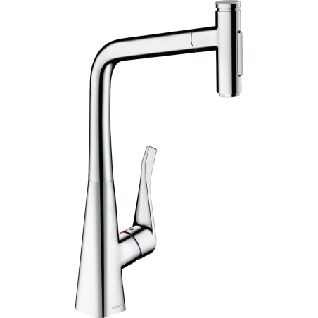 Kitchen (sinks) faucet with retractable beak HANSGROHE Metris Select M71, chrome feathers, two currents, 73816000