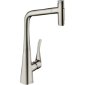 Kitchennis (plautuvės) maišytuvas su ištraukiamu snapu HANSGROHE Metris Select M71, nerudijančio plieno plunksnos, dviejų srovių