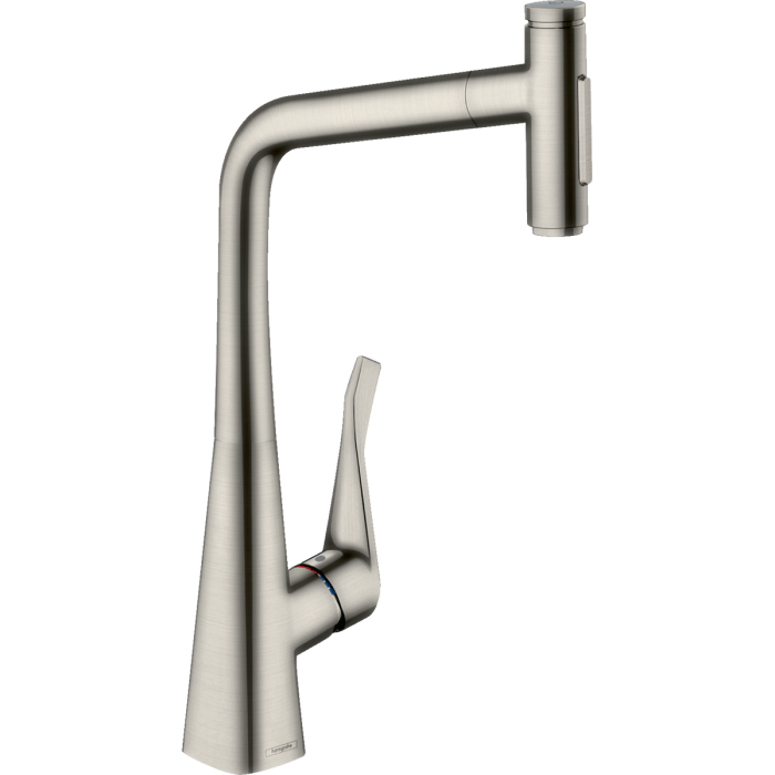 Кухонный смеситель (мойка) с выдвижным клювом HANSGROHE Metris Select M71, перья из нержавеющей стали, два тока