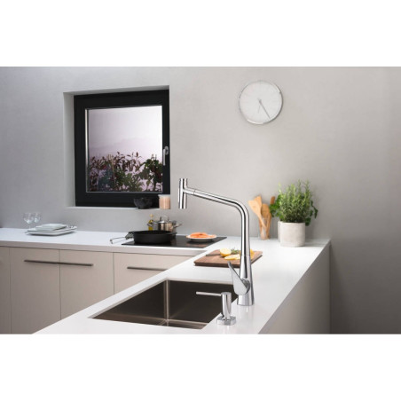 Kitchennis (izlietnes) maisītājs ar ievelkamu knābi HANSGROHE Metris Select M71, nerūsējošā tērauda spalvas, divas strāvas