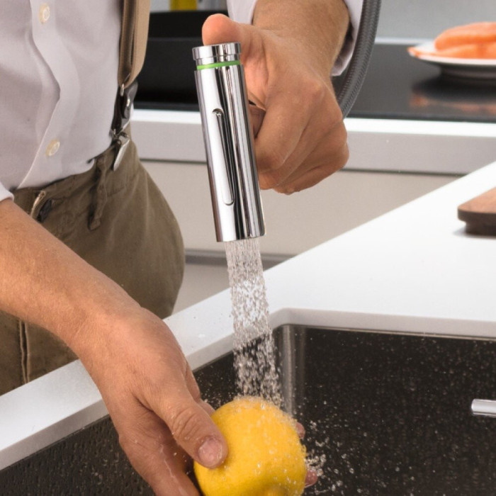 Kitchennis (valamu) segisti sissetõmmatava nokaga HANSGROHE Metris Select M71, roostevabast terasest suled, kaks voolu