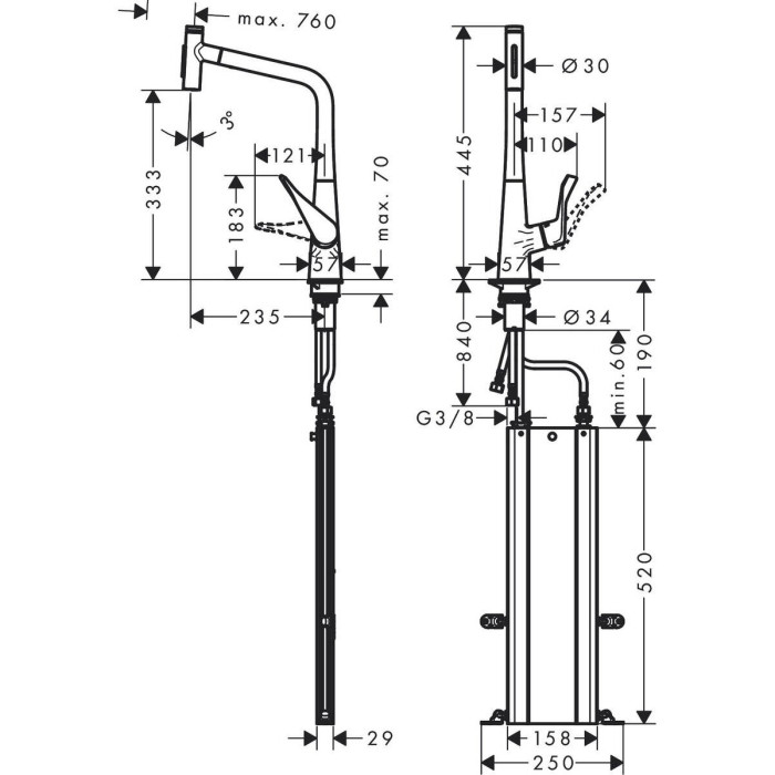 Kitchennis (izlietnes) maisītājs ar ievelkamu knābi HANSGROHE Metris Select M71, nerūsējošā tērauda spalvas, divas strāvas