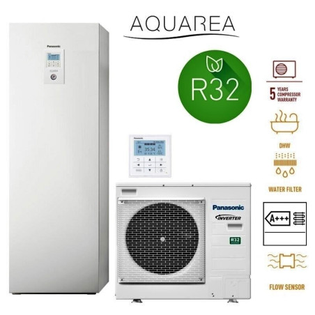 J naujausios kartos šilumos siurblys oras - vanduo 5 kW PANASONIC su integruotu 185 l katiliu, one-fazis