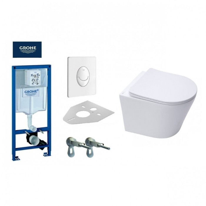 Apakšsienas GROHE Rapid SL rāmju komplekti 4 pret 1 ar baltās pogas tualeti SAT Infinitio Compact Rimless