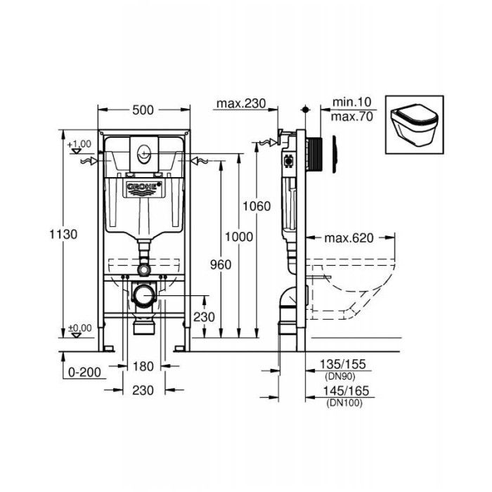 Подстежная рама GROHE Rapid SL комплекты 4 в 1 с белой кнопкой унитаза SAT Infinitio Compact Rimless