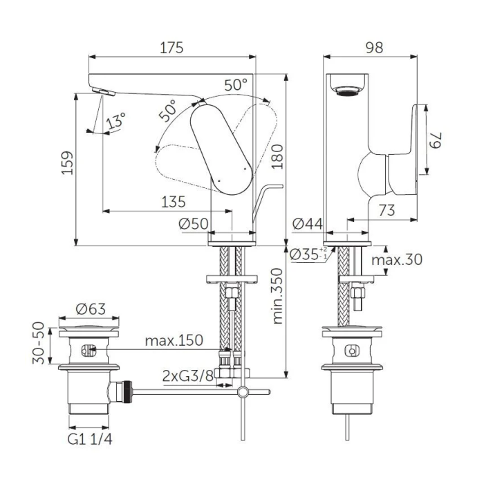 Kõrge valamusegisti IDEAL STANDARD Cerafine O, mustad juuksed, BC703XG