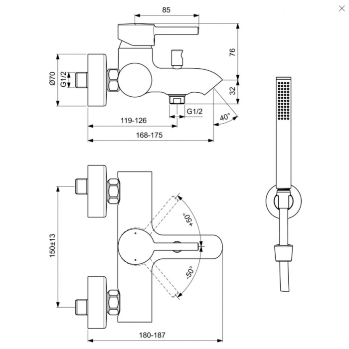 Vonios maišytuvo rinkiniai IDEAL STANDARD Cerline, juodas-matinis, BC270XG