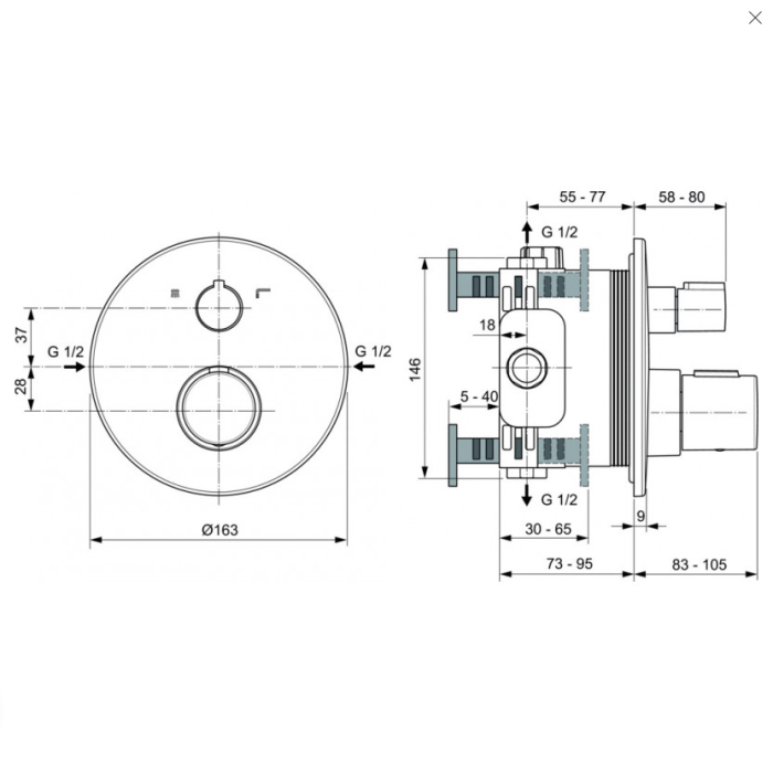 Pre-wall thermostatic shower system IDEAL STANDARD Ceratherm 100, with 300 mm caseus head, black matte, A7573XG