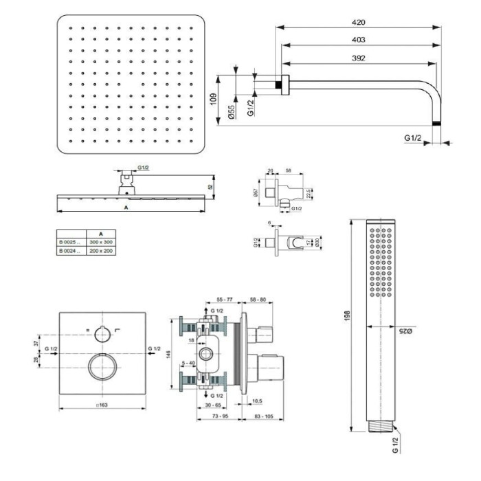 Скрытая термостатическая душевая система IDEAL STANDARD Ceratherm C100, с изголовьем из казеуса 200 мм, черный матовый, KCT20XG