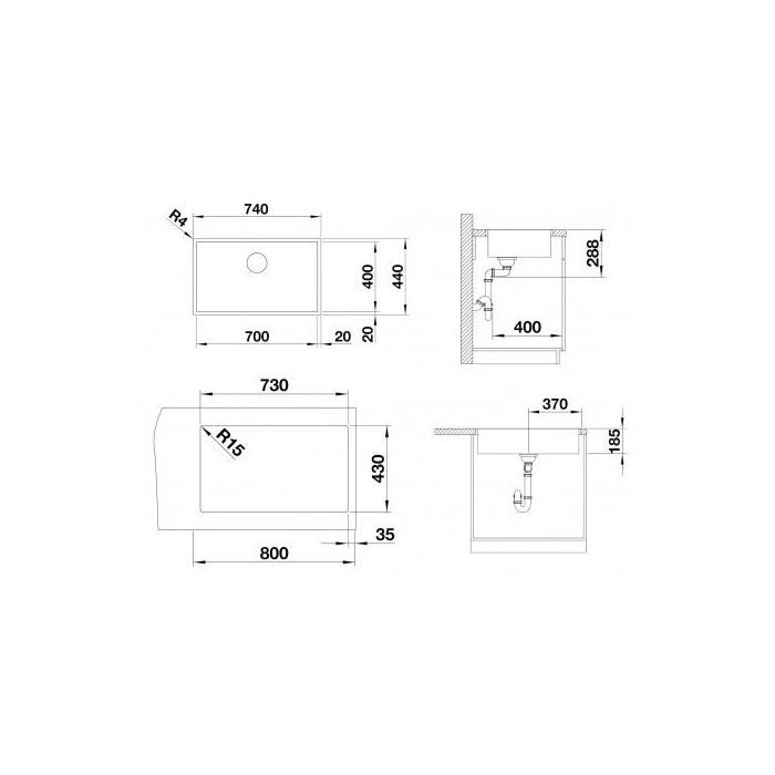 Sink BLANCO ZEROX 700-U, dark steel, Dark Steel, without eccentric valve is installed under the countertop