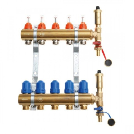 Reguliuojamo grindinio šildymo žalvarinis kolektorius IVAR 3 žiedų su srauto matuokliais (su automatiniais nuorintojais)