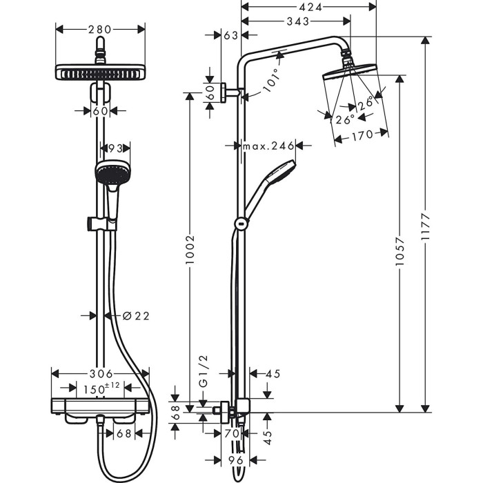 Termostatinė lietaus dušo sistema HANSGROHE Croma E Showerpipe 280 1 jet, 27630000