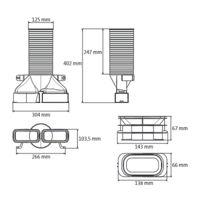Difuzoriaus dėžutė 180° UBBINK Air Excellent Dn 125 - 2 x Dn 100 x 50