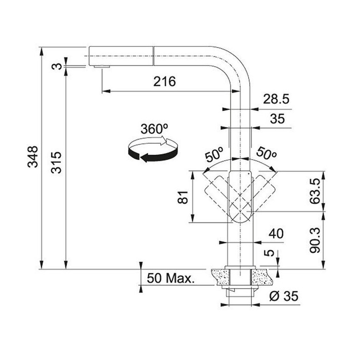 Kitchen (washbasin) faucet with retractable hose FRANKE Mythos, 115.0550.442