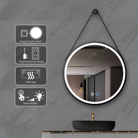 Veidrodis ornamentas yra LED gliaudymas MEPA Round 60 x 60 cm, su juodu-matiniu rėmeliu