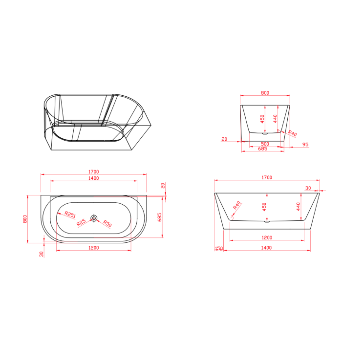 Akrila vannaTUB MEPA Free back slim Matt-black, 170 x 80 cm, (Transfūzija ir sifona vāciņa spalva pēc izvēles)