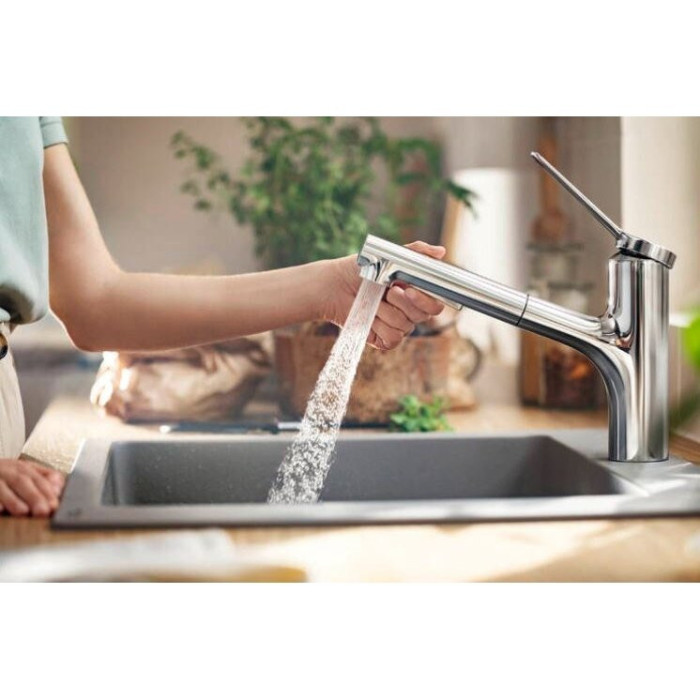 Virtuvės (plautuvės) maišytuvas su ištraukiama žarnele HANSGROHE Zesis M33, chromuotas, 74800000