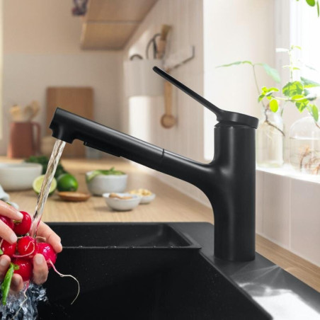Kitchen (sink) faucet with retractable hose HANSGROHE Zesis M33, black-matte, 74800670