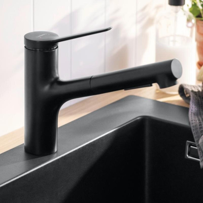 Kitchen (sink) faucet with retractable hose HANSGROHE Zesis M33, black-matte, 74800670