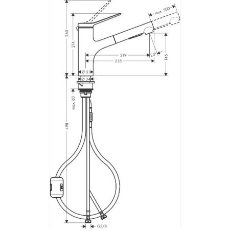 Kitchen (sink) faucet with retractable hose HANSGROHE Zesis M33, stainless steel, 74800800