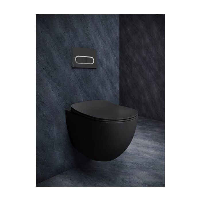 Rippuv WC pott õhukese aeglase suletava kaanega RAVAK Uni Chrome RimOff, must-matt