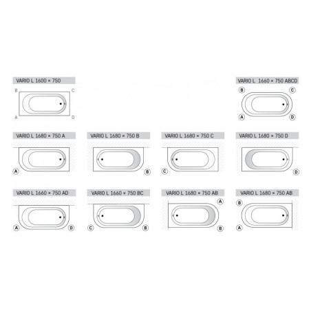 Stone mass bathtub PAA Vario L, white, 750 x 1680 mm, A